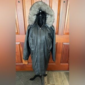 Wilsons Leather Black Hooded Mid Length Coat Parka S Women Faux Fur Trim